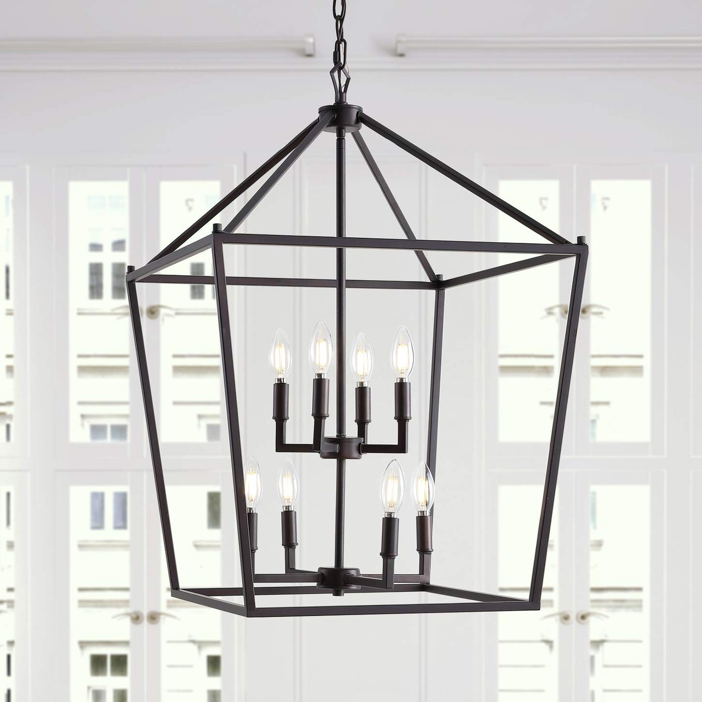 JONATHAN Y 20" Oil Rubbed Bronze Lantern Pendant Light, 8-Light Pagoda Style Metal Cage Farmhouse Hanging Ceiling Fixture for Kitchen Island, LED Bulb Included (JYL7438A)