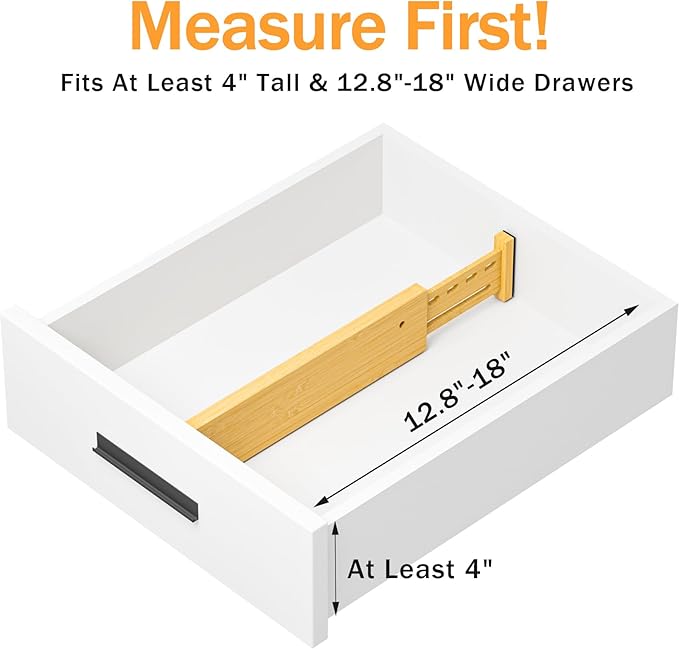 Bamboo Drawer Dividers 4" High, 12.8-18" Adjustable Drawer Organizers for Clothes,Expandable Dresser Separators in Bedroom/Kitchen/Bathroom/Office Organization and Storage,2 Pack