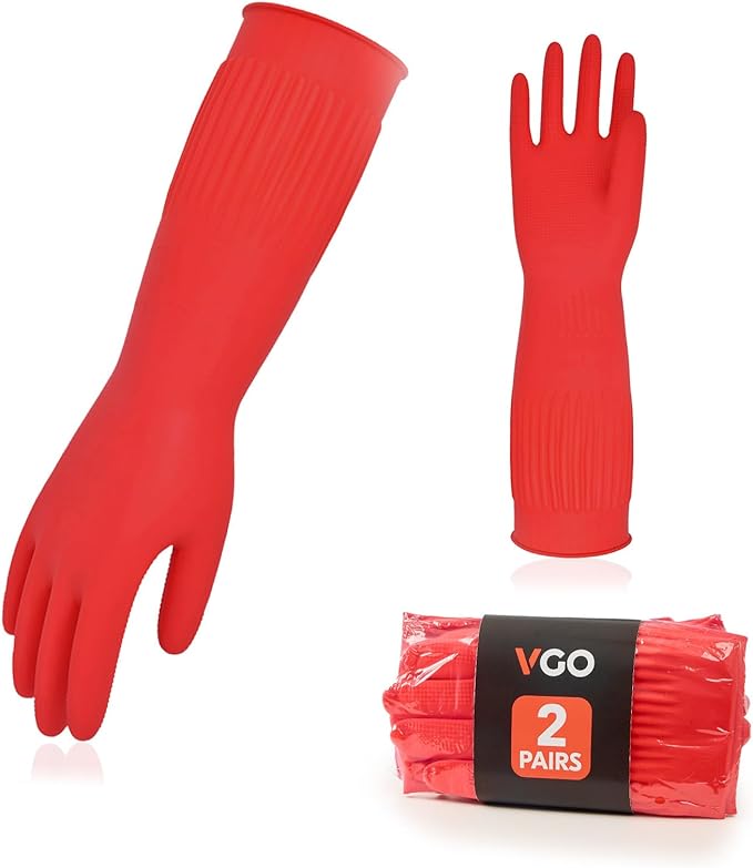 Vgo 2-Pairs Dishwashing Gloves - Reusable Household Kitchen Gloves, Long Sleeve, Thick Latex, Cleaning, Washing, Working, Painting, Gardening, Pet Care (Size M, Red, RB2143)