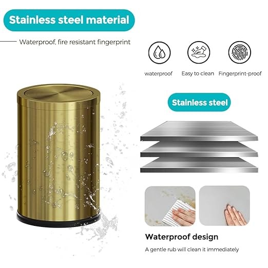 2.4 Gallon Brush Gold Bathroom Trash can with Lid, Modern, Luxury Garbage Can, Wastebasket for Bedroom Office Hotel (Gold Single Layer)