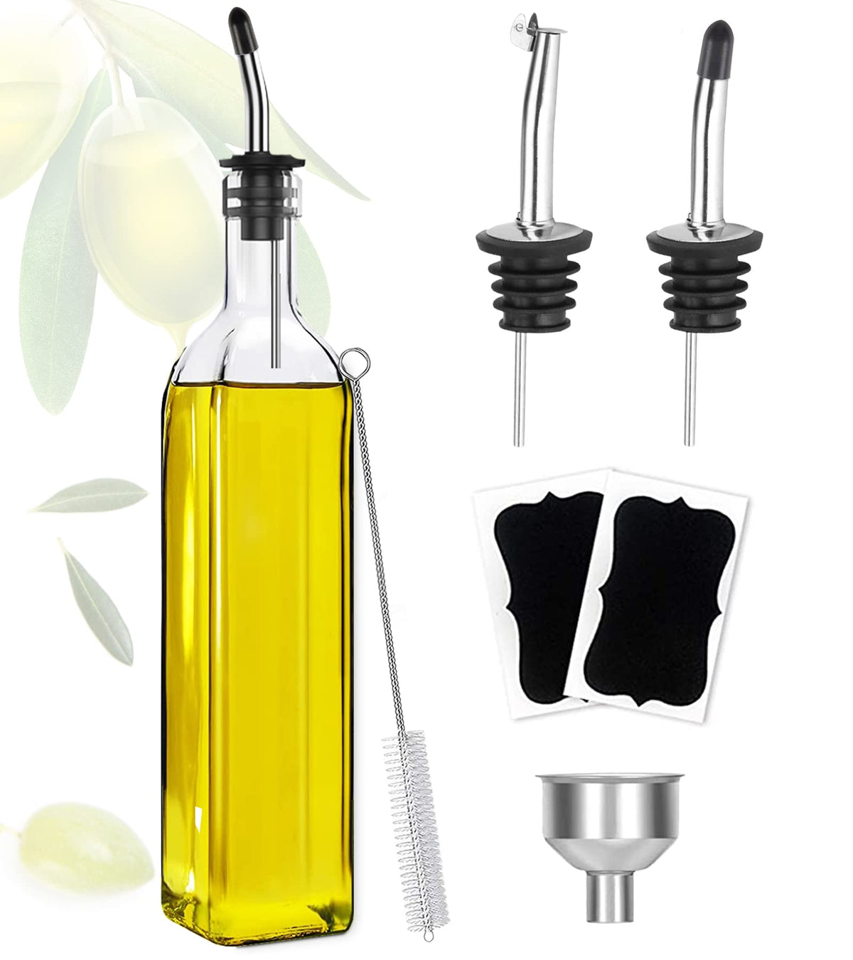 Showvigor Olive Oil Dispenser Bottle, Oil and Vinegar Cruet Bottle 17oz/500 ml, Square Tall Glass Oil Container with 2 Stainless Steel Pourers, 2 Labels,1 Brush and 1 Funnel Oil Bottles for Kitchen