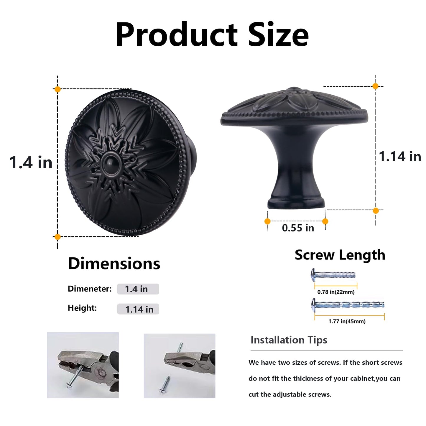 4 Pack - Black Cabinet Knobs Round, 1-2/5” Knobs for Cabinets and Drawers Black Matte Drawer Pulls Bathroom Cabinet Handles