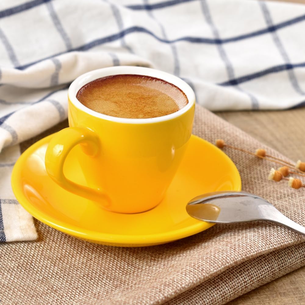 ionEgg Porcelain Espresso Cup with Saucer And Stainless Steel mini Spoons, Espresso shot Cup, 80ml/2.7Oz, Pack of 2, Yellow