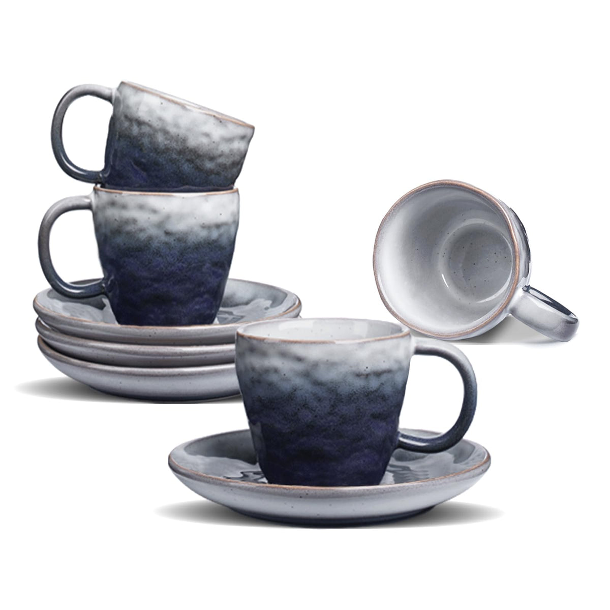 BOILMERIT 3 oz Espresso Cups Set of 4, Mini Italian Double Espresso Coffee Cup, Vintage Small Ceramic Demitasse Cups with Saucer for Lungo Coffee, Blue