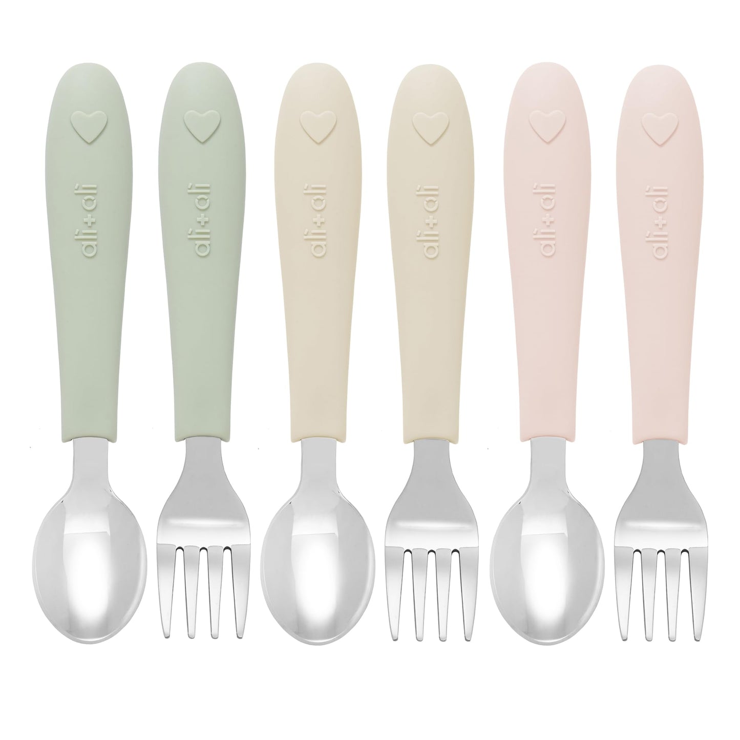 Ali+Oli Toddler Utensils Set (6 Pack) – Stainless Steel Kids Silverware with Soft Silicone Handles, BPA Free Baby Forks and Spoons, Durable Children Flatware Dishwasher Safe for Self Feeding (Hearts)