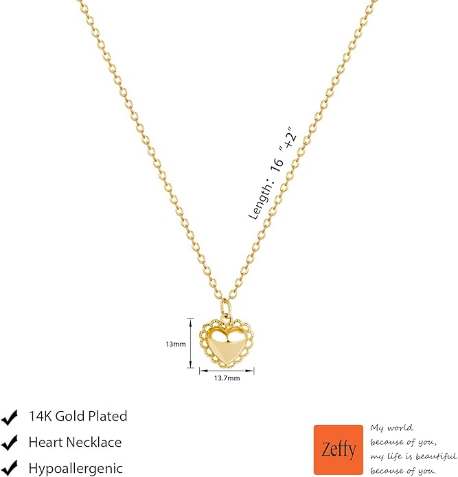 Zeffy Dainty Gold Heart Necklace for Women Trendy 14K Gold/Silver Plate Cute Heart Pendant Choker Necklaces Gold Love Heart Chain Necklace for Women Dainty Gold Jewelry Gifts for Women