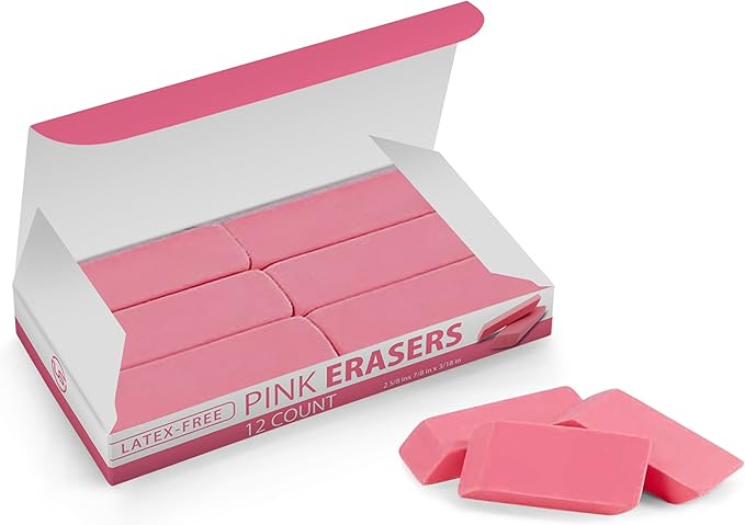 Pink Erasers, Erasers for Kids, Rubber Eraser, 12 Count, Erasers Bulk for School Supplies, Art, and Office Use