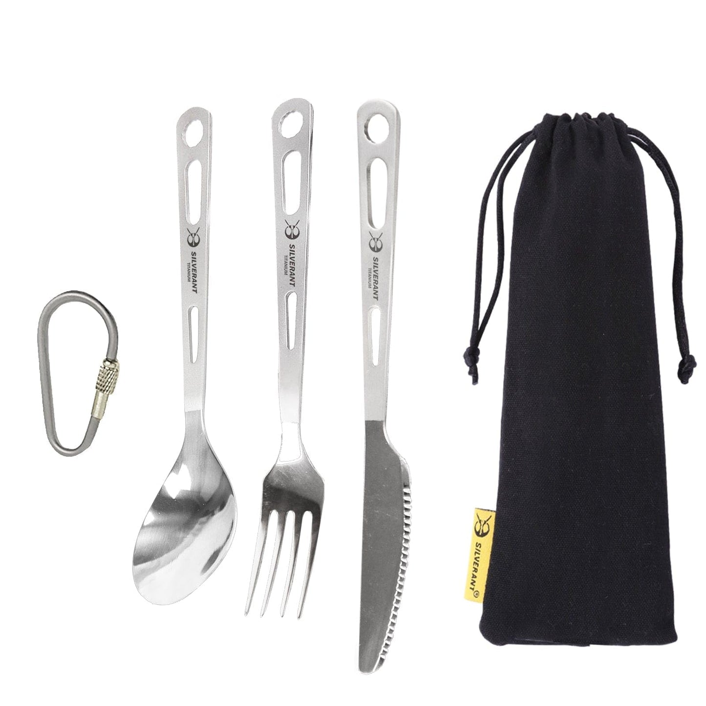 SILVERANT Titanium Camping Flatware, Knife Fork & Spoon 3 Piece Camping Cutlery Set Lightweight Tableware for Lunch Box Outdoor Camping & Hiking, Comes with Drawstring Bag & Carabiner- Polished