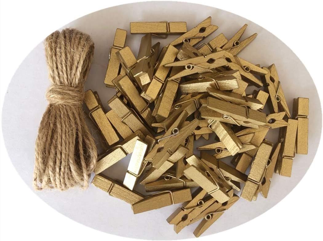 DurReus Small Wooden Clips Cute 1.5 Inch Clothespin Photo Paper DIY Craft Holder with Jute Twine Gold Pack 50