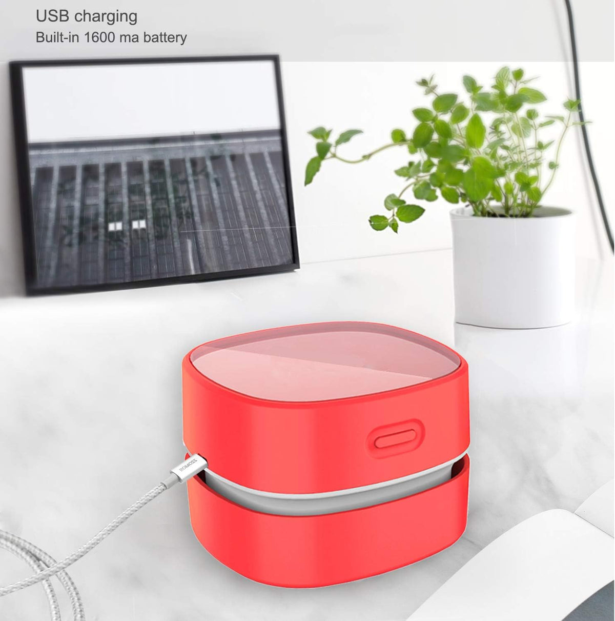 ODISTAR Desktop Vacuum Cleaner,Mini Table dust Sweeper Energy Saving,High Endurance up to 400 mins,Cordless&360º Rotatable for Cleaning Hairs,Crumbs,Computer Keyboard of Kids Gift(Red Charging)
