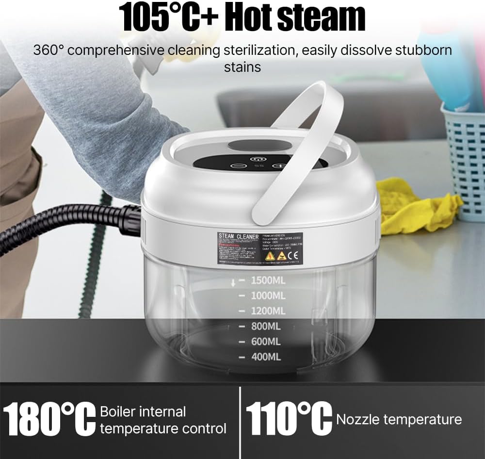 Irishom Pressurized Handheld Steam Cleaner with 3 Brushes and Extended Rod, Deep Cleaning Steamer with 6 Gear Adjustable Digital Touch Screen 1500ml Water Tank