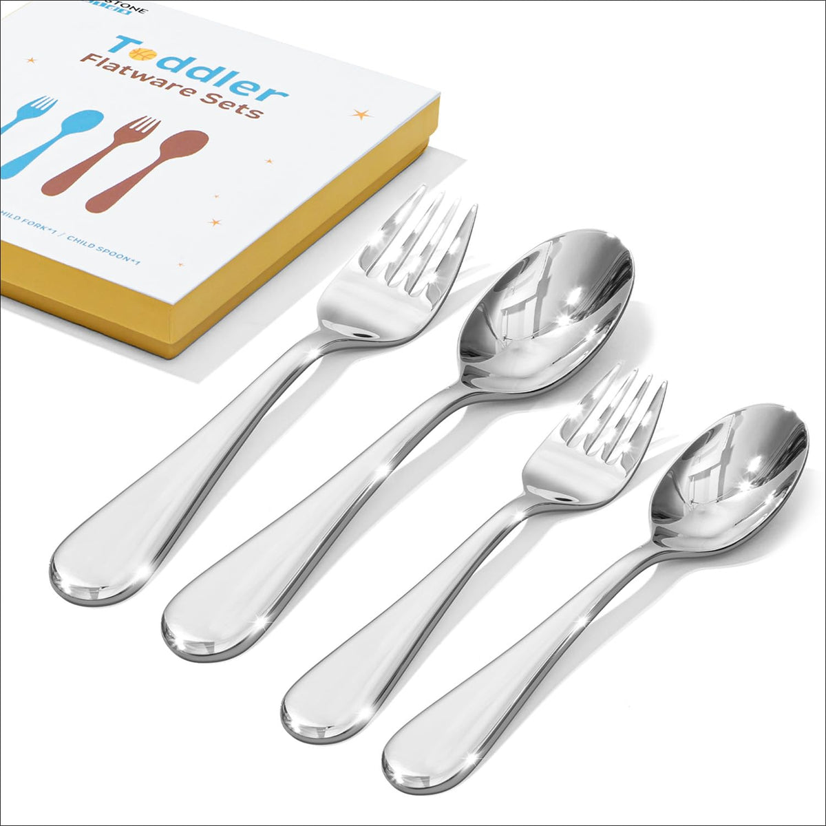 KINGSTONE Toddler Utensils Set, 4 Piece Forks and Spoons Gift Set, Small and Large Kids Silverware Sets, 18/10 Stainless Steel Food Grade Flatware Sets, Dishwasher Safe, Mirror Polished