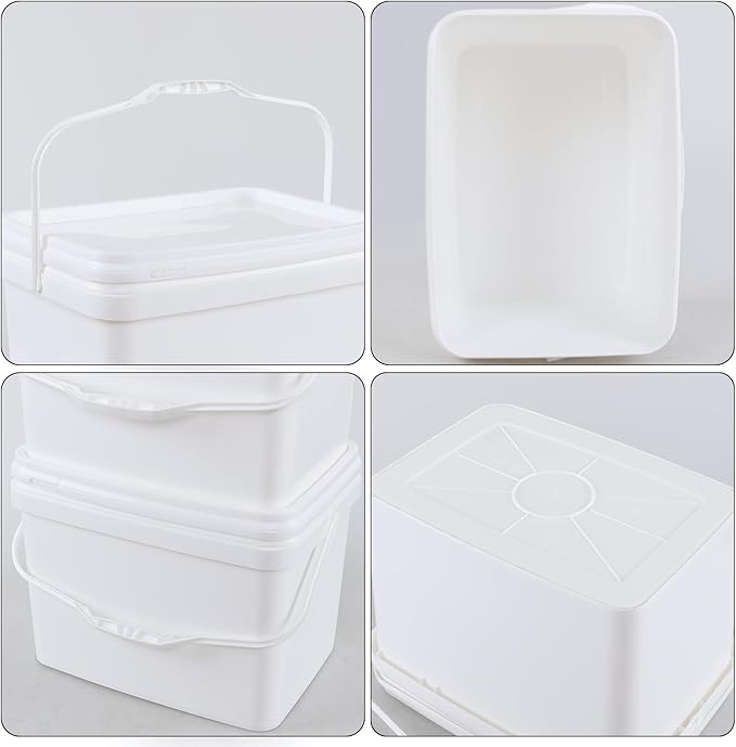 Saedy 5 Gallon Rectangular Food Storage Bucket, Set of 4 White Plastic Utility Pail, Food Grade Bucket with Lid and Handle