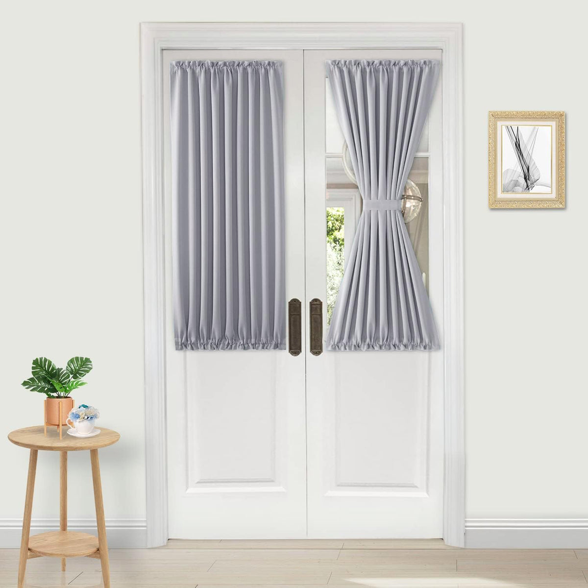 DWCN French Door Curtains â Rod Pocket Thermal Blackout Curtain for Doors with Glass Window, Kitchen and Patio Doors for Privacy, 25 X 40 Inches Long, 1 Curtain Panel with Tieback,Silver Grey