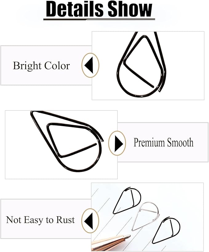 200 Pcs Teardrop Paper Clips Bulk,Stainless Steel Rust-Resistant Paperclips for Wedding Invitations, 3X Stronger Hold with Mirror Polish (Silver + Black, 1inch)