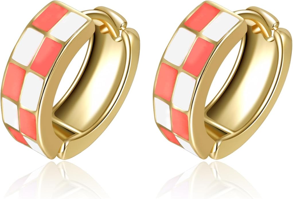 Chic Checker Small Hoop Cartilage Earrings Teacher Earrings for Women；White Black Enamel Hypoallergenic Hooped Gifts Gold and Silver tone
