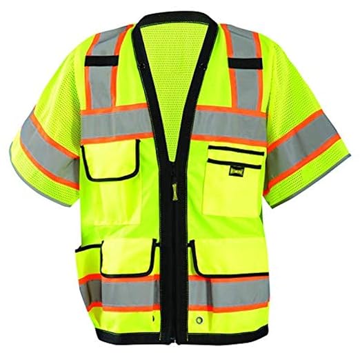 OccuNomix LUX-HDS2T3-Y2X Heavy Duty Solid/Mesh Two-Tone Surveyor Vest with Zipper, 8 Pockets, Class 3, 100% ANSI Polyester, 2X-Large, Yellow (High Visibility)
