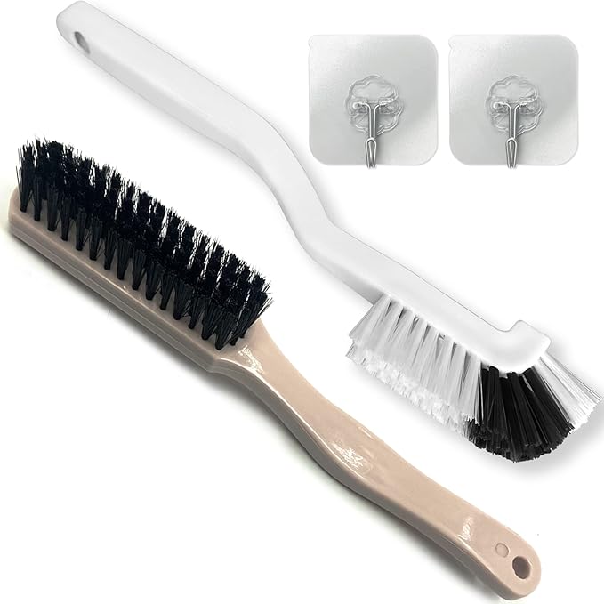 Cleaning Brushes Dish Brush Kitchen Washing Brush Set Shoe Brush Scrub Brush Home Household Cleaner Kit Floor Stiff Bristles with Adhesive Hooks Pot Pan Edge Corners Tile Lines Brush (Light Brown)