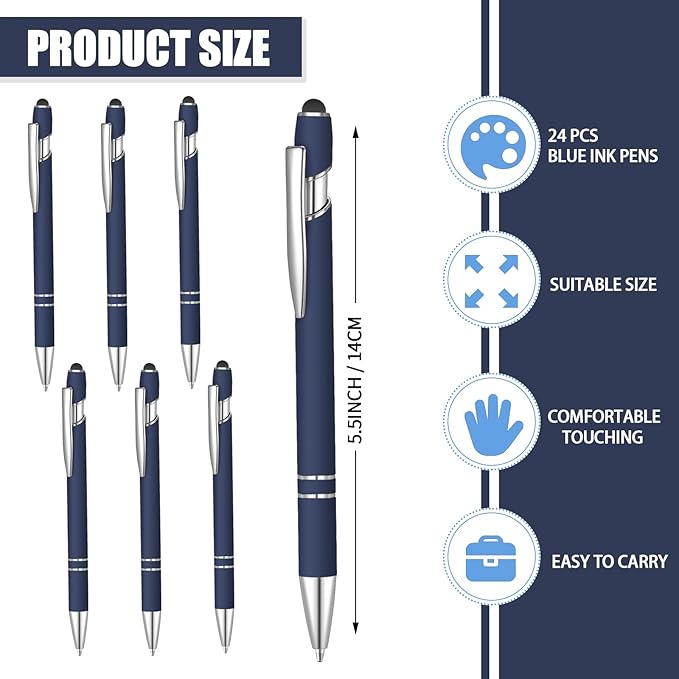 24 Pcs Blue Ink Ballpoint Pen with Stylus Tip 2 in 1 Ballpoint Pen 1.0 mm Blue Ink Metal Stylus Pen for Touch Screens Coworkers, Family, Colleagues, Office (navy blue)