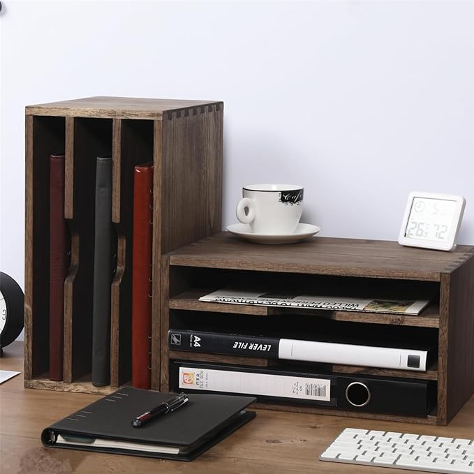 3-Tier Paper Storage Letter Tray File Sorter - Wood Desktop Document Organizer Holders with Mail Sorter, School & Home Magazine File Dividers for Office Accessories Dark(SJ3K-DK)