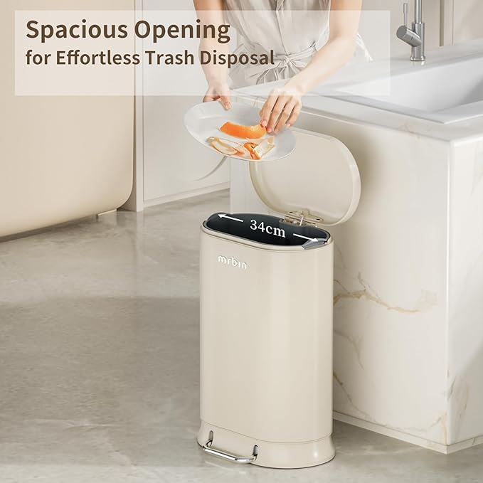 MRBIN Metal Kitchen Trash Can with Lid, 30L / 7.9gal Commercial Step Waste Basket for Bathroom, Medium Office Garbage Pail with Stainless Steel Foot Pedal for Near Desk, Bedroom, Rv, White