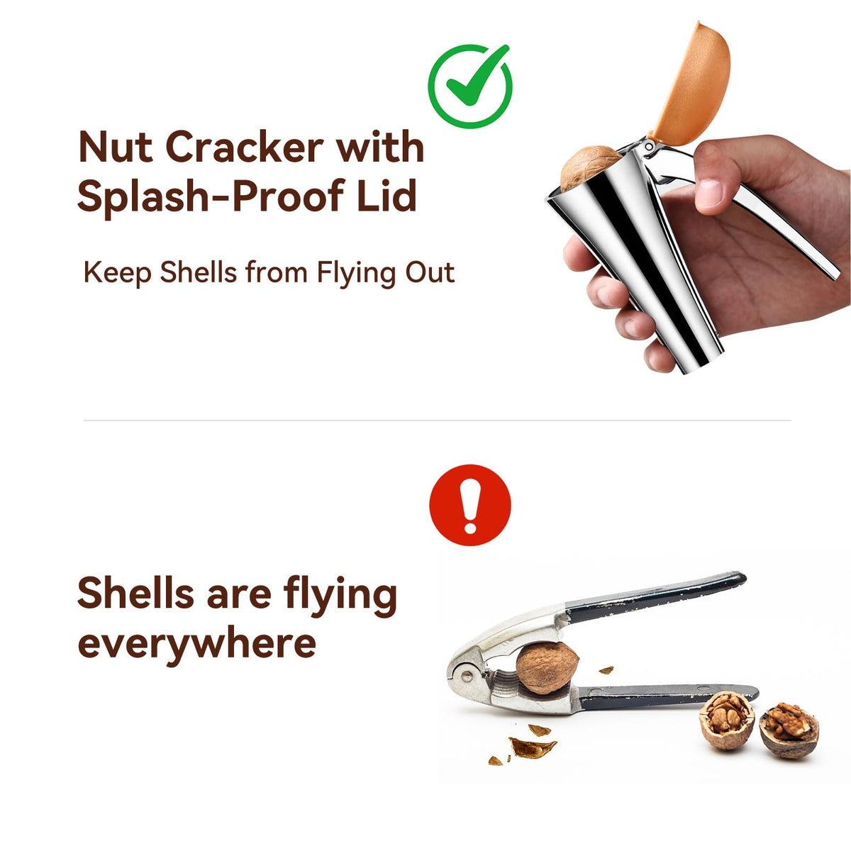 Nut Cracker, Heavy Duty Nutcracker with Splash-Proof Lid, Walnut Cracker Tool with Ergonomic and Self-Retracting Handle -Cracks Large to Medium Sized Nuts With Little Effort