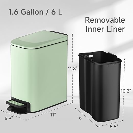 TIPGO Slim Bathroom Trash Can with Lid Soft Close, 6 Liter / 1.6 Gallon Stainless Steel Garbage Can with Removable Inner Bucket, Step Pedal, Small Trash Cans for Bedroom, Office, Kitchen (Green)