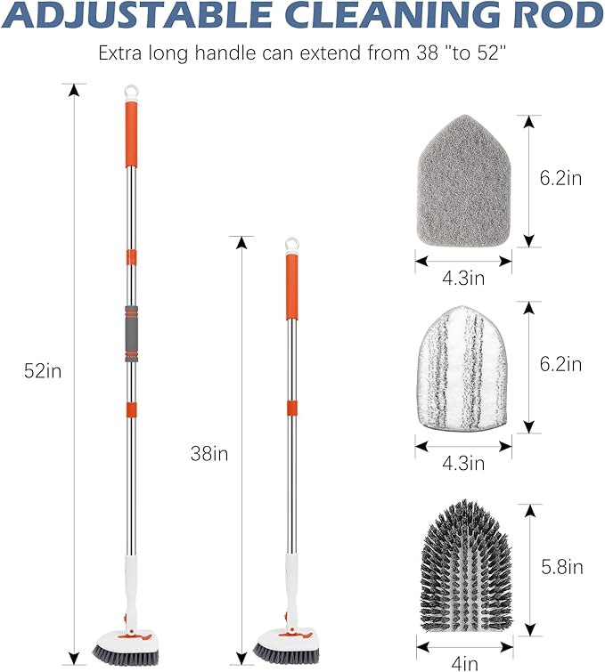 SetSail Floor Scrub Brush, 3-In-1 Tile Tub Floor Scrubber with 52-inch Adjustable Long Handle Shower Cleaner and 3 Detachable Replacement Brush Heads for Cleaning Bathroom Kitchen Walls Tub Tile
