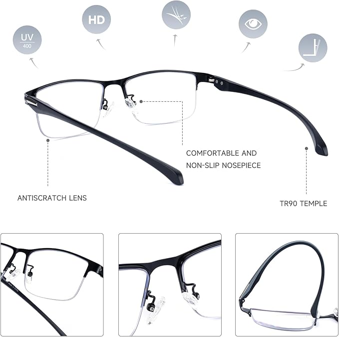 SKYOAK 2 Pack Premium Quality Progressive Multifocus Half Frame Reading Glasses for Men, No-Line Blue Light Blocking Computer Readers Multifocal Eyeglasses with TR90 Temples, Black and Gunmetal +3.5x