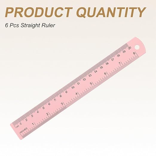 HARFINGTON 6pcs Metal Straight Ruler 20cm Metric SAE Aluminum Alloy Measuring Rulers Scale Tool with Hole for Measure Study Reading Classroom Office, Pink