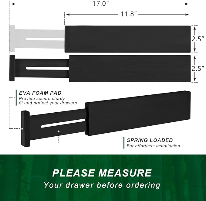 4 Pack Bamboo Drawer Dividers, Adjustable Length from 12 Inch to 17 Inch, Expandable Kitchen Drawer Organizer, Drawer Organization Separators for Clothes, Kitchen, Bedroom, Dresser, Office (Black)