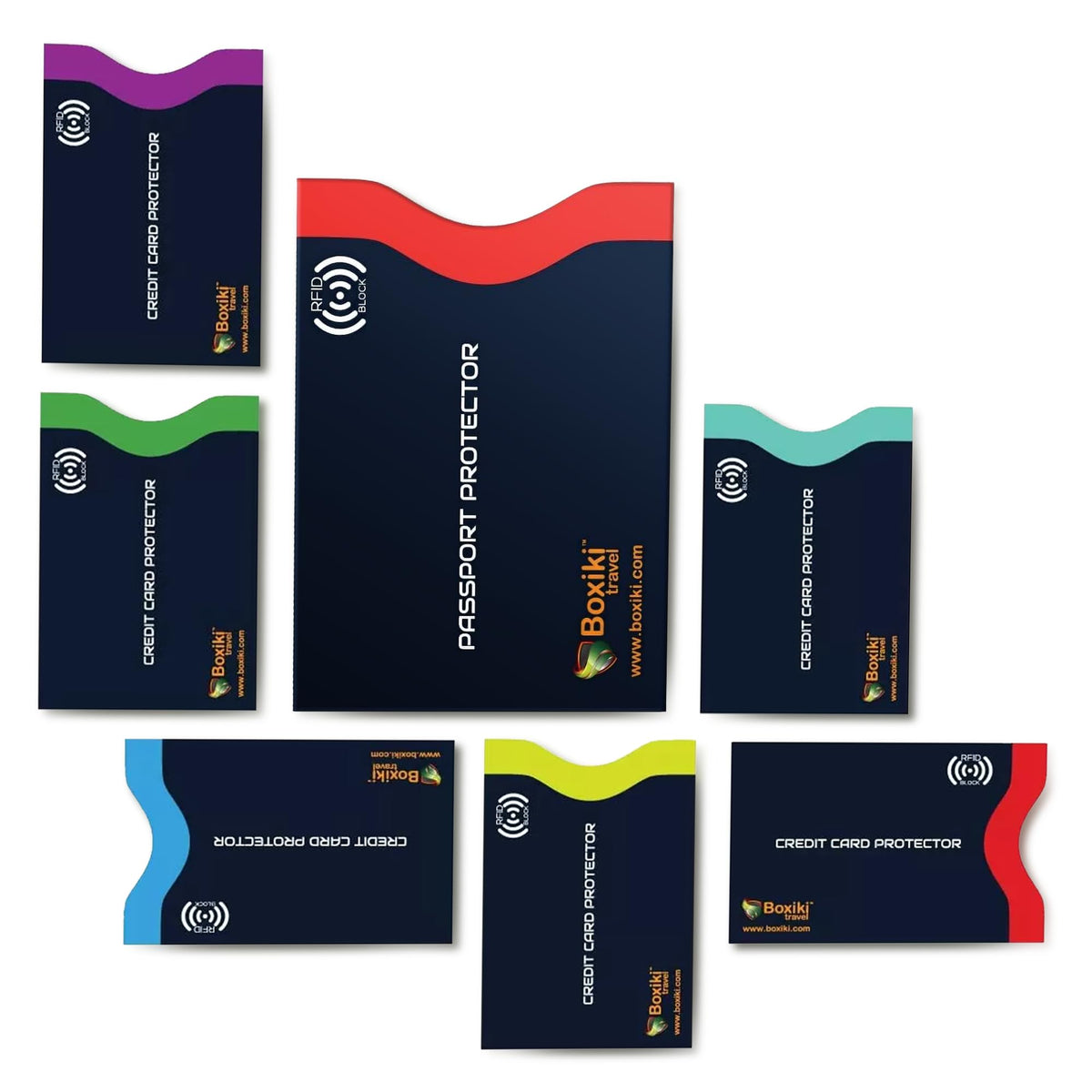 Boxiki Travel 7-Piece RFID Passport Holder & Card Sleeves – Block Electronic Theft for Credit Cards, IDs, and Passports – Perfect for Men & Women (Navy Blue)