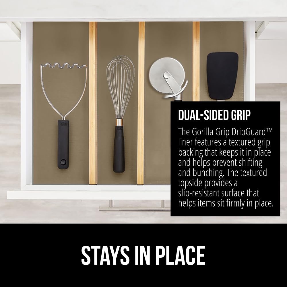 GORILLA GRIP DripGuard Drawer and Shelf Liner for Cabinet, Slip Resistant Non Adhesive Protection for Kitchen, BPA Free Smooth Surface Plastic Liners for Cabinets Bathroom Drawers, 17.5x120 Inch Beige