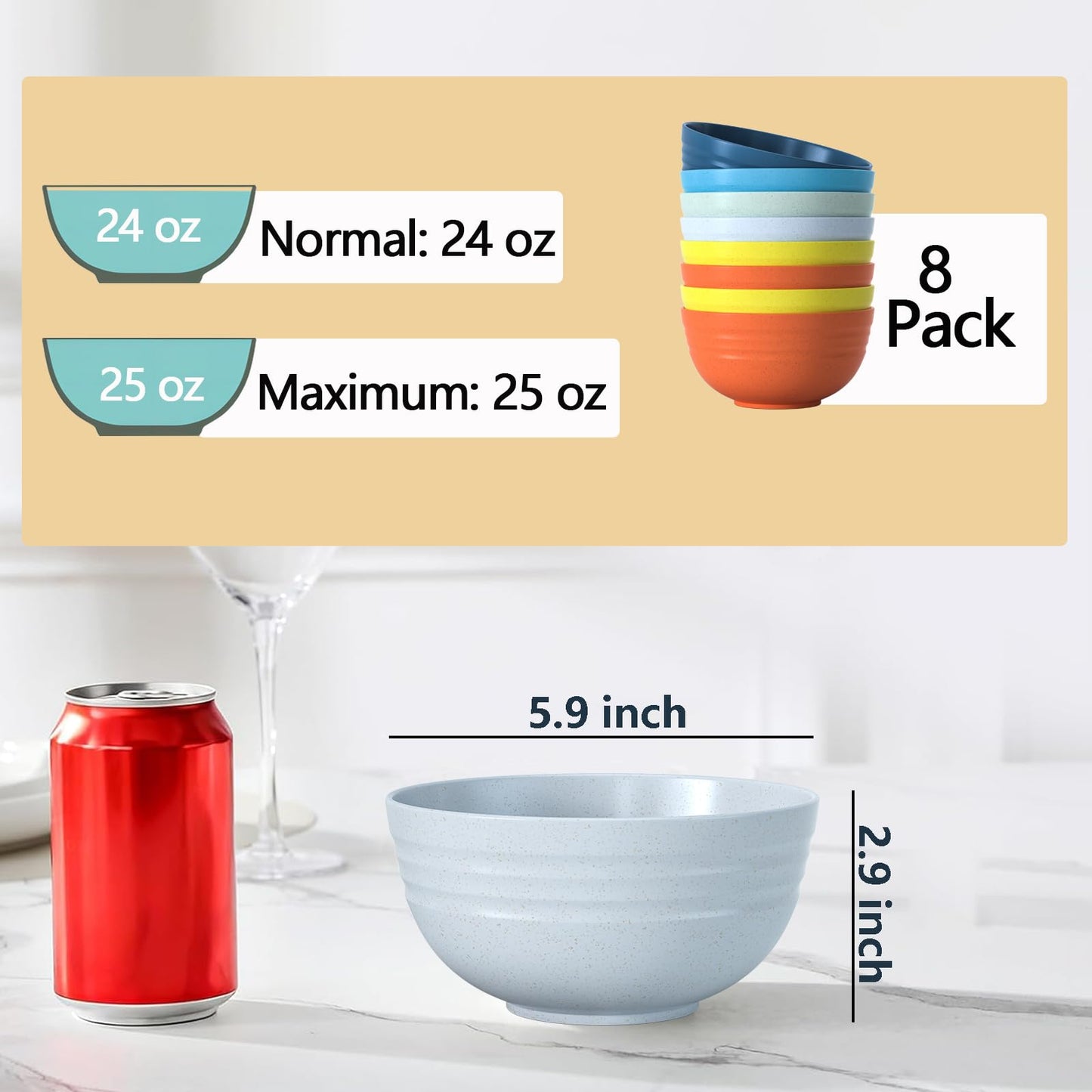 Homestockplus 24 OZ Wheat Straw Cereal Bowls Set of 8, Unbreakable & Reusable Bowls, BPA Free Eco Friendly, Microwave & Dishwasher Safe, Multi Color Bowls for Ramen, Soup, Salad
