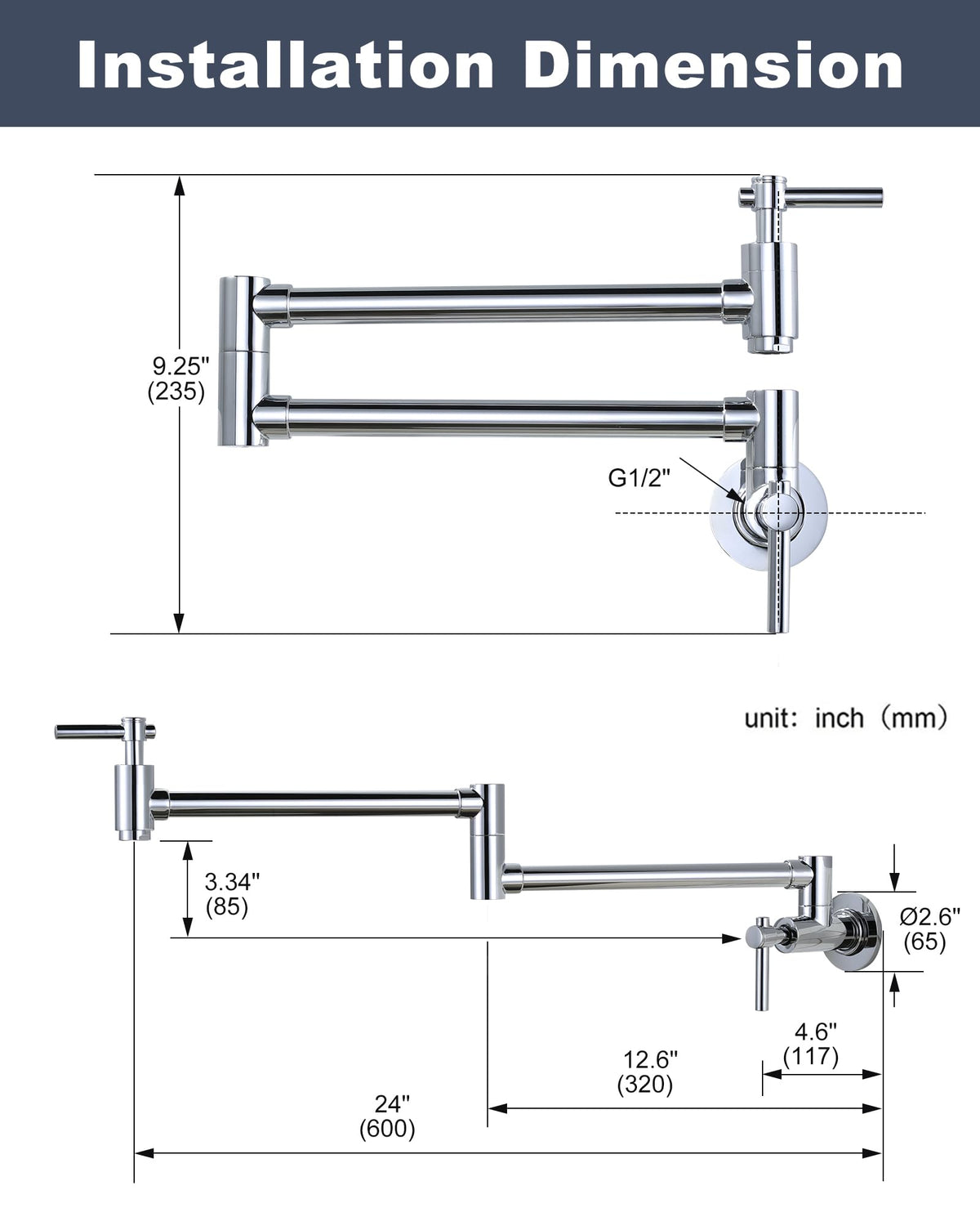 iVIGA Wall Faucet, Pot Fillers Wall Mount for Kitchen, Solid Copper Chrome Pot Filler Single Hole Folding Faucet with Double Joint Swing Arm Pot Filler Over Stove