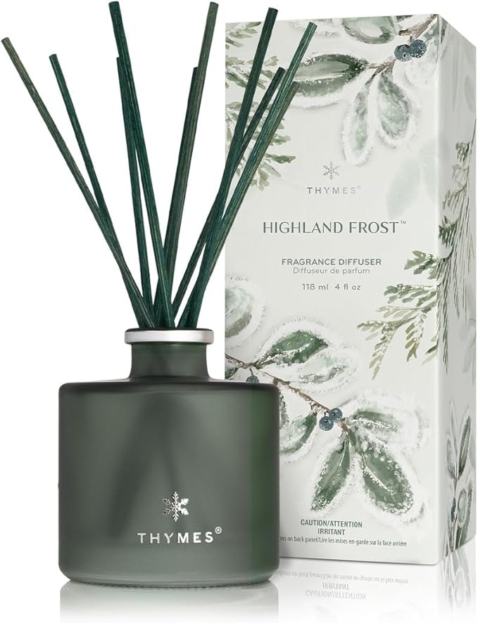 Thymes Petite Oil Reed Diffuser Set – Includes Reed Diffuser Sticks, Fragrance Oil, & Glass Bottle – Luxury Home Decor – Holiday Decor – Winter Scents – Sage-Green (Highland Frost, 4 fl oz)