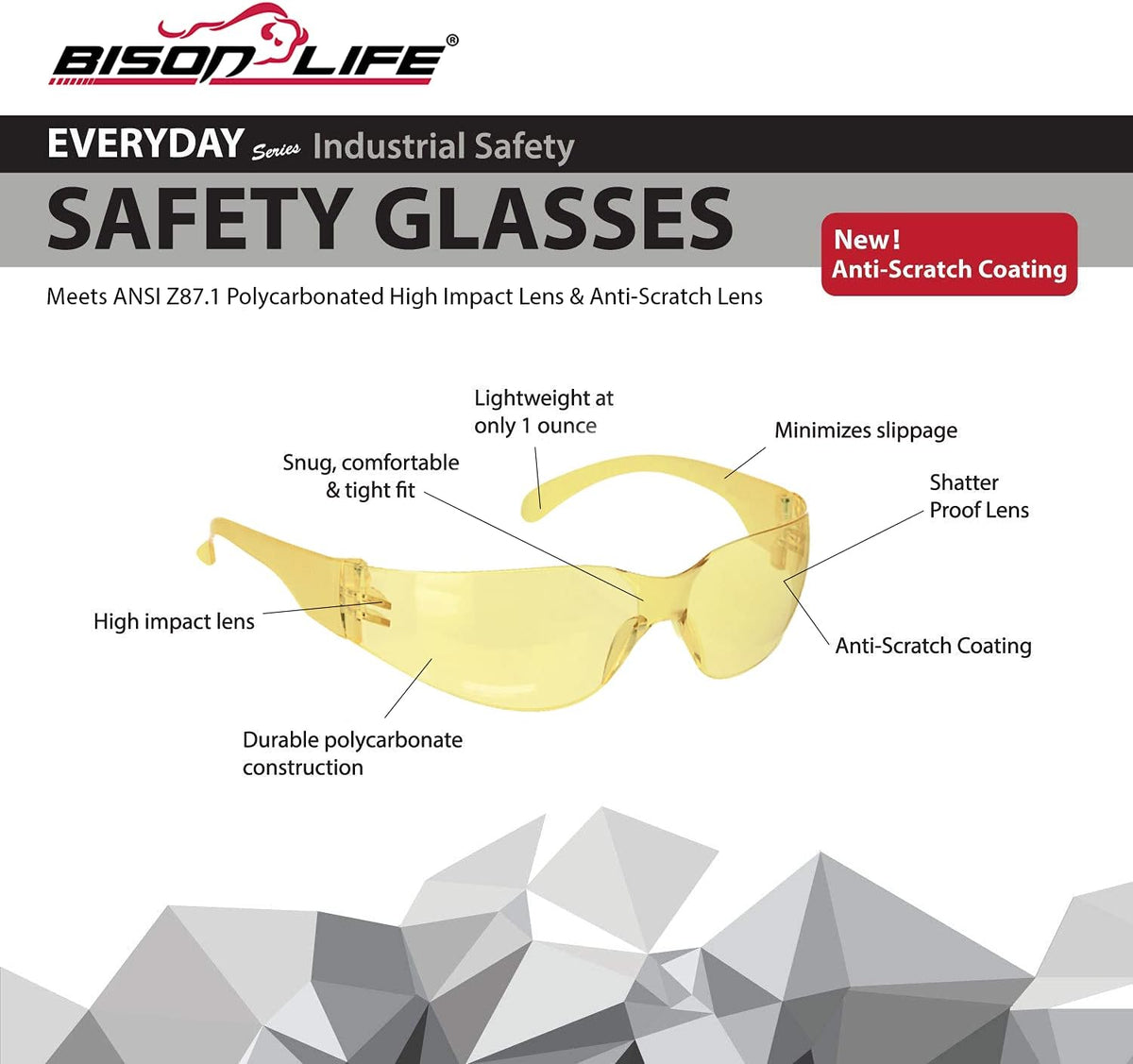 BISON LIFE Safety Glasses - Scratch Resistant Wrap Around Eyewear, Polycarbonate ANSI Z87.1 Impact Resistant Lens