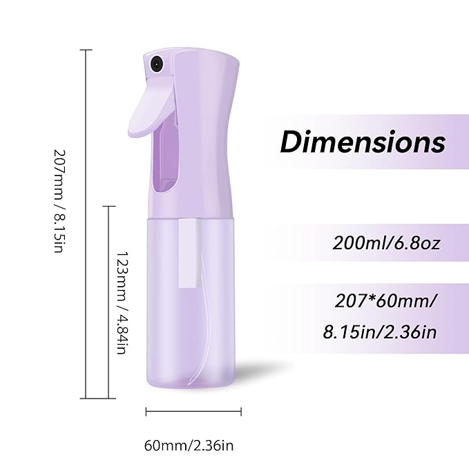 Continuous Mist Spray Bottle for Hair, Face & Plants (6.8oz/200ml) - Ultra Fine Travel-Size Water Mister for Salons, Cleaning, Pets & Skincare Leakproof Design