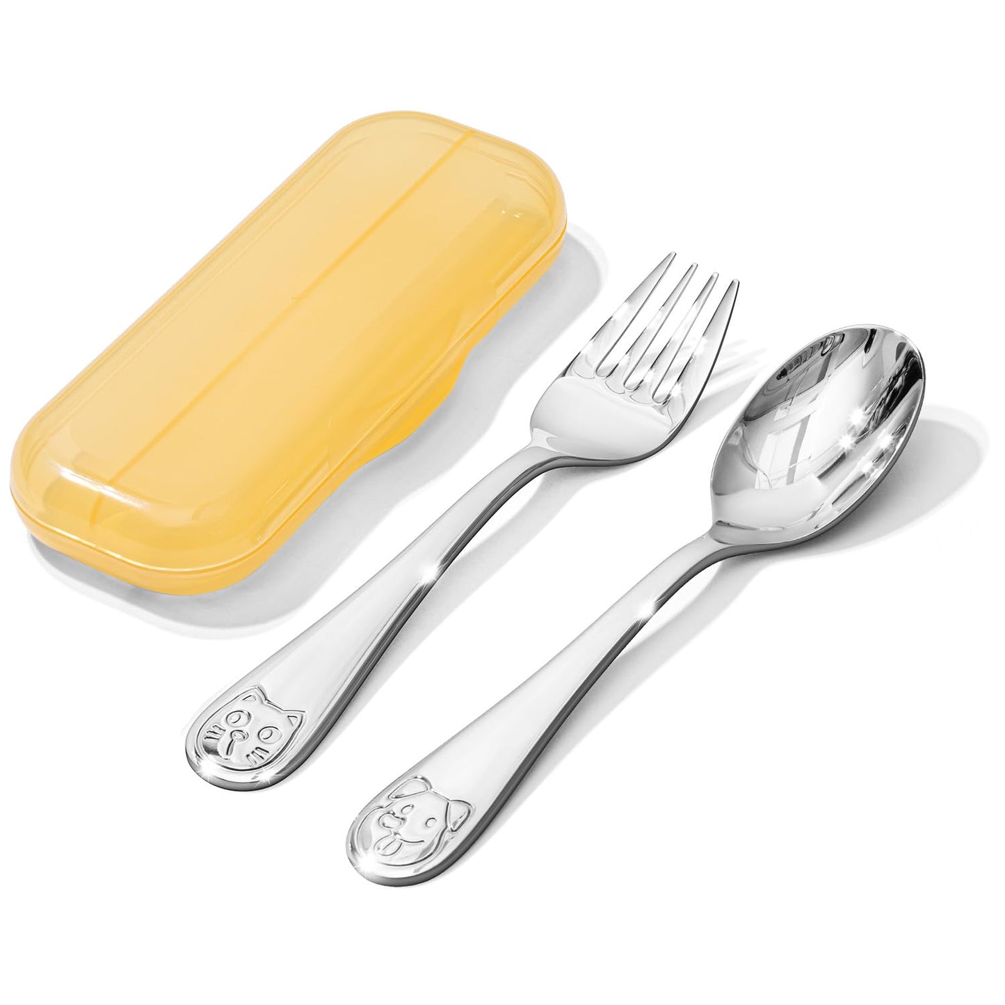 KINGSTONE 2-Piece Toddler Utensils Set, Small Fork & Spoon with Storage Case, 18/10 Stainless Steel, Cat & Dog Print, Lightweight, Ergonomic for Self-Feeding, Travel & Portable Baby Flatware