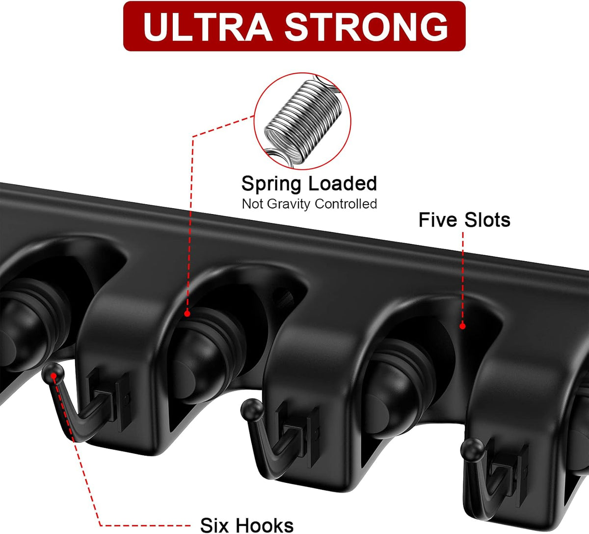 LETMY Broom Holder Wall Mount - Mop and Broom Hanger Holder - Garage Storage Rack & Garden Tool Organizer - 5 Position 6 Hooks Broom Rack for Home, kitchen, Garden, Tools, Garage Organization - Black