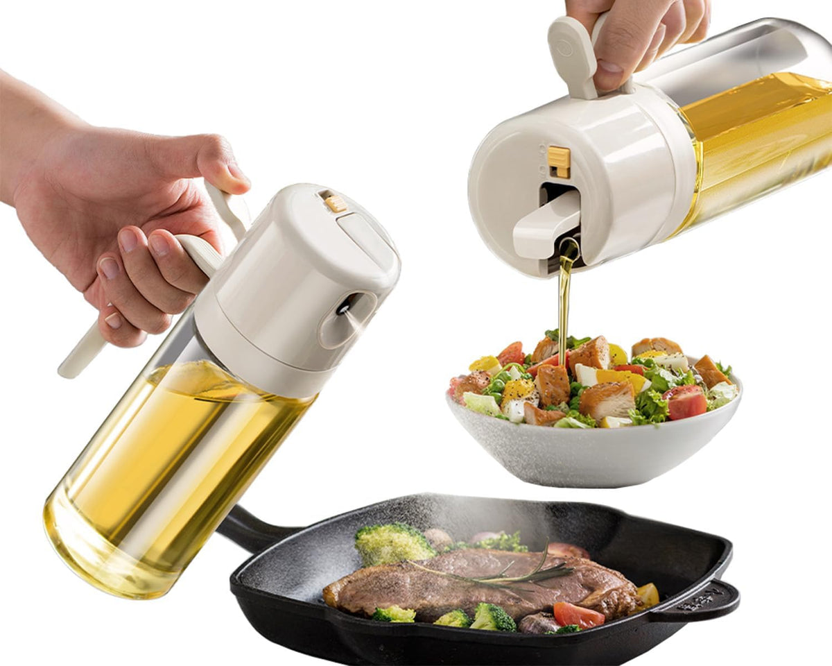 2 in 1 Glass Oil Sprayer and Dispenser for Kitchen, 550ml Olive Oil Bottle, Leakproof Food-Grade Oil Mister & Pourer for Air Fryer, BBQ, Salad, Baking