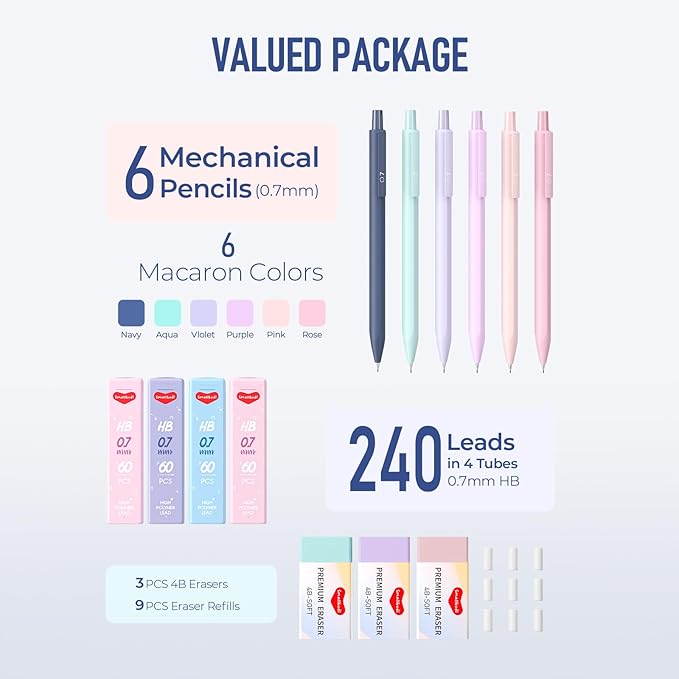 6PCS 0.7mm Mechanical Pencils Set with Case, Cute Pastel Mechanical Pencil with 240PCS HB Lead Refills, 3 Erasers, Aesthetic Back to School Supplies for Student Writing Drawing Sketching