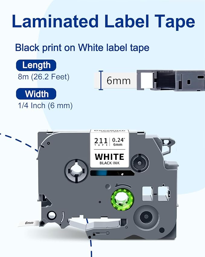 5-Pack TZe-211 TZe211 TZ-211 Compatible for Brother Label Maker Tape TZe 6mm 0.23 Laminated White for P Touch PT-H110 PTD-400 D220 D210 PTD-600 PTD610BT Label Maker, 1/4 Inch, Black on White