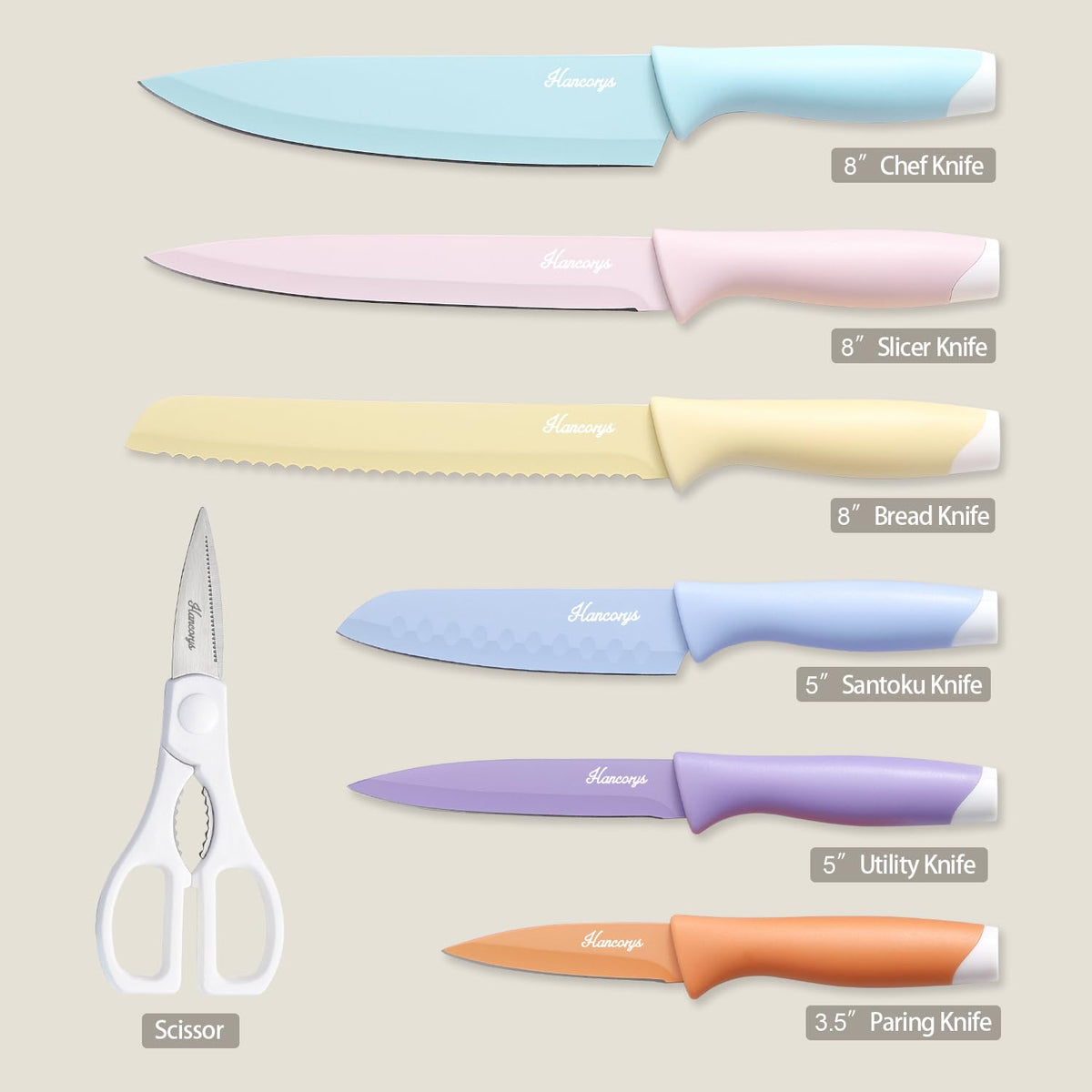 Hancorys Knife Set, 13 PCS Kitchen Knives Set with Nonstick Ceramic Anti-Rust Coating, Stainless Steel Chef Knife Sets with 6 Blade Guards, Dishwasher Safe, House Warming Gifts New Home