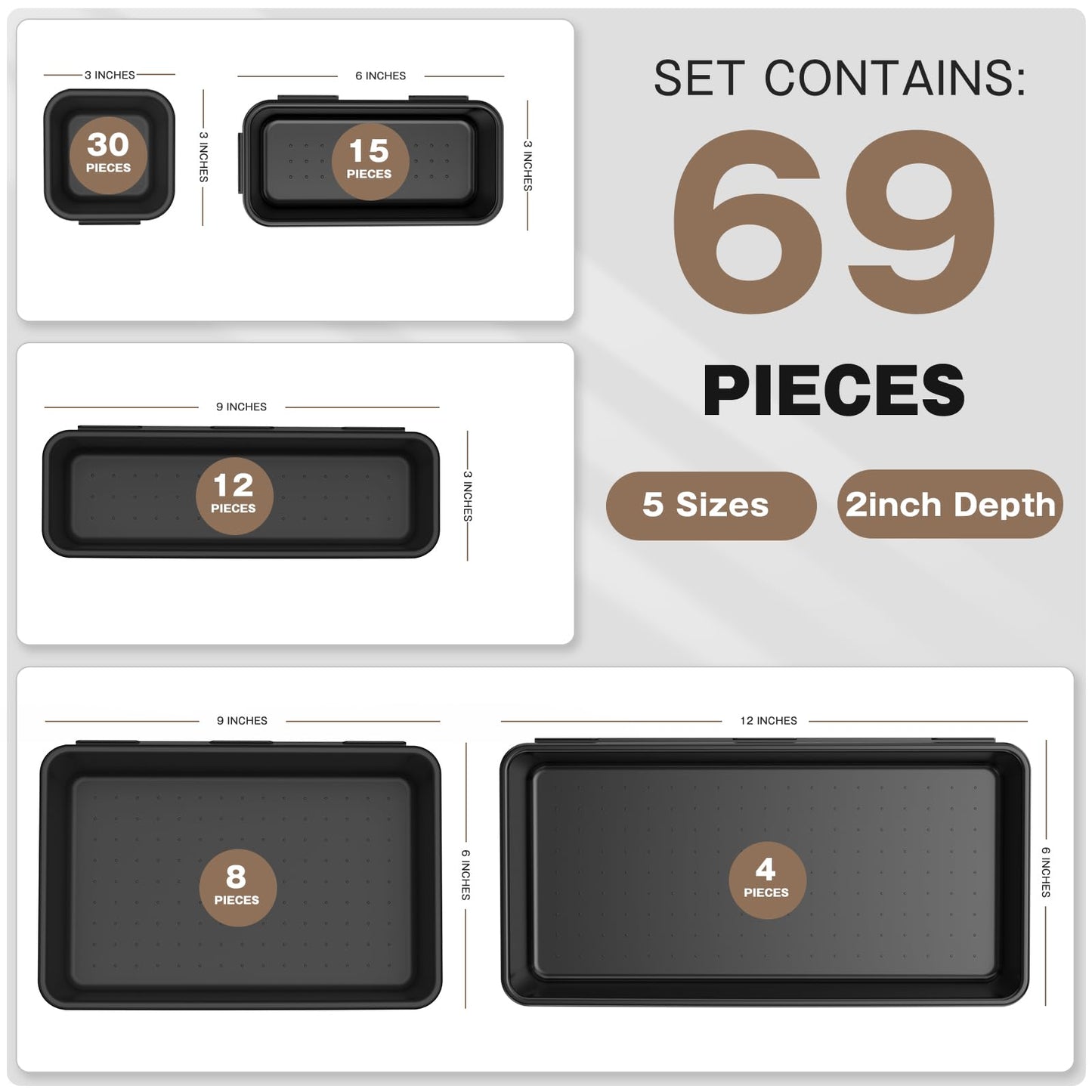 【More Larger Size】A-LUGEI【69 PCS-5 Size】 Tool Box Organizer Tray Divider Set【Black】 Desk Drawer Organizer Bin, Socket Organization and Storage Toolbox for Rolling Tool Chest Cart WorkBench Part Widget