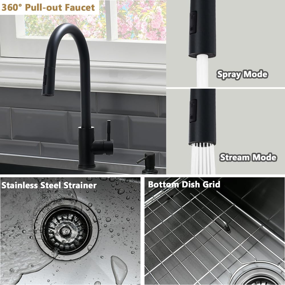 33 Black Kitchen Sink with Faucet Combo-VASOYO 33 x 22 Drop In Kitchen Sink Top Mount Black Stainless Steel Deep Single Bowl Over Mount Sinks with Faucet Combo Set
