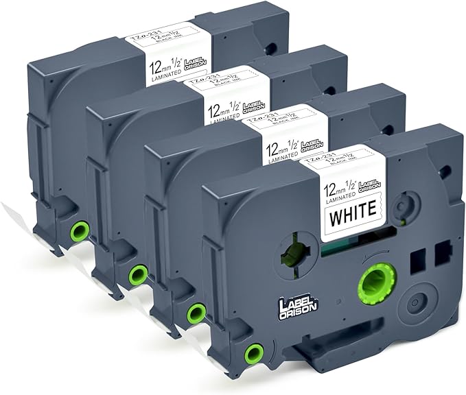 Label Orison 4PK Compatible with Brother P Touch Label Tape TZ Tape TZe-231 TZ231 TZe231 TZo231 1/2 inch Black on White Standard Laminated 12mm 0.47 Tapes