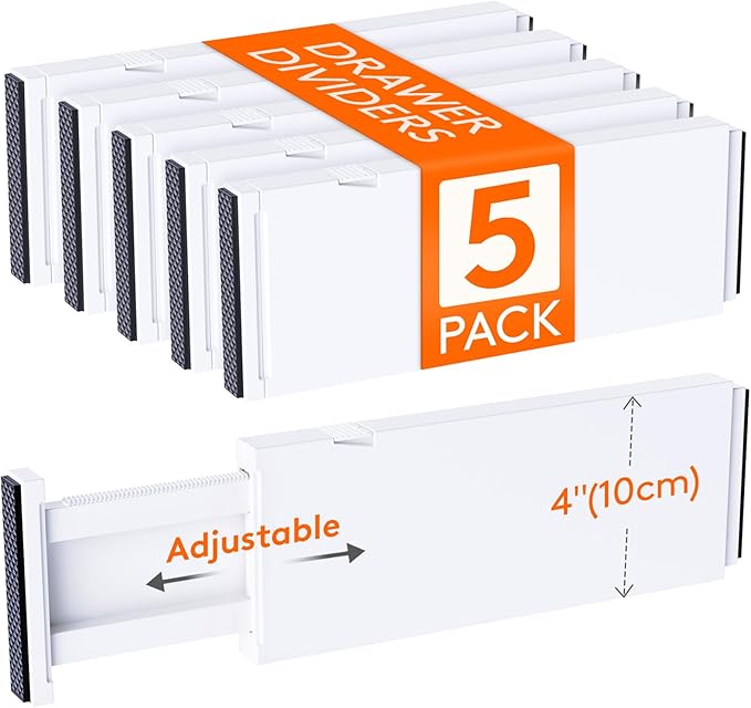 Lifewit 5 Pack Drawer Dividers 4" High, 11-17" Adjustable Dresser Drawer Organizers for Clothes, Expandable Dresser Separators in Bedroom/Bathroom/Kitchen/Vanity/Office Organization and Storage, White