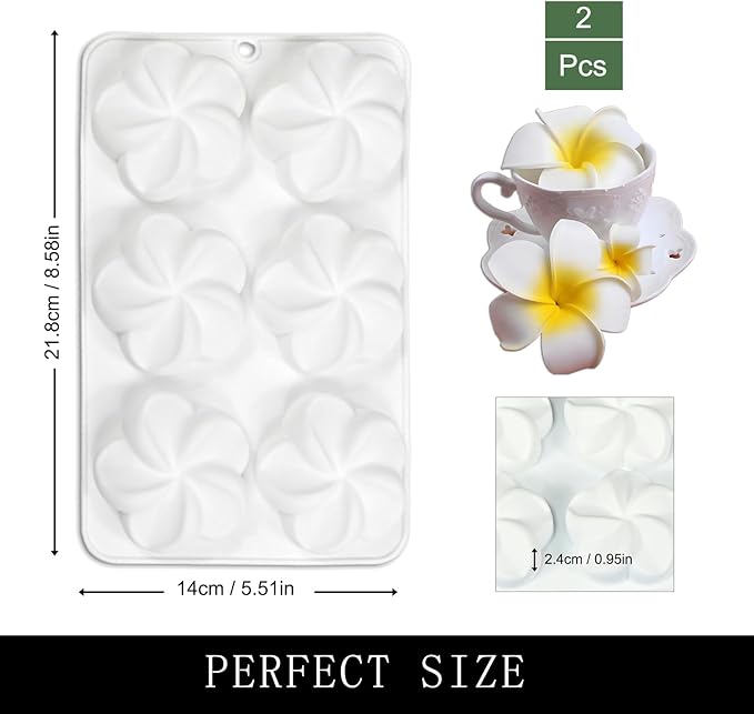 Frangipani Flowers Silicone Mold Chocolate, Plumeria Mousse Molds for Baking 2 Packs 12-Cavity 8.6" x 5.5" x 0.94" for Frangipani Cheesecakes Candy Desserts