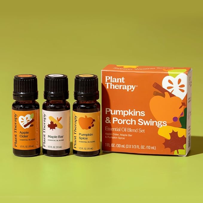 Plant Therapy Pumpkins & Porch Swings Fall Essential Oil Blend Set, Fill Your Home with Cozy, Fall-Inspired Aromas, Three Exclusive & Limited Blends, Cozy Comfort in Every Drop